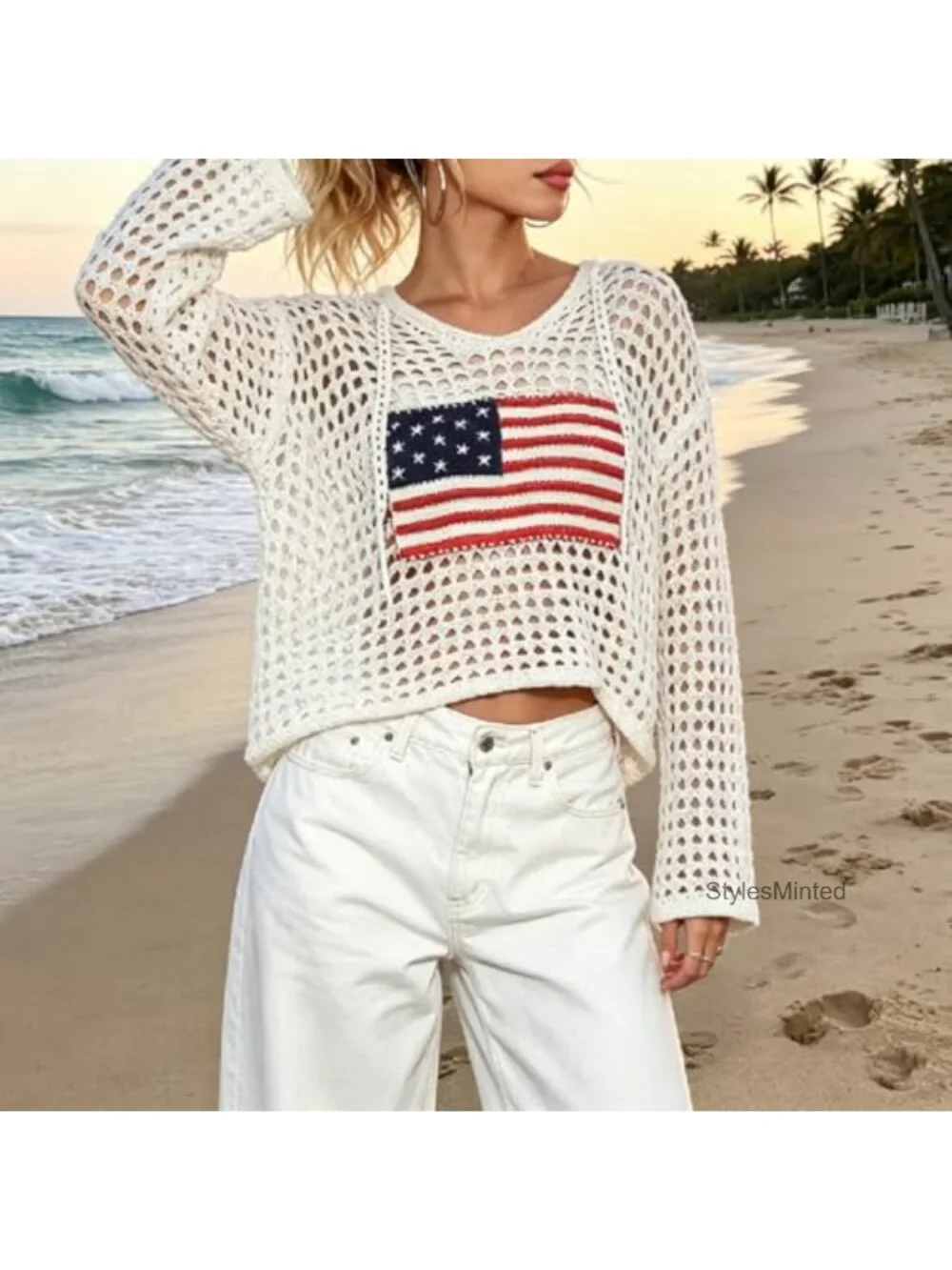 American Flag Crochet Hoodie Long Sleeve Hollow Out Knit Sweater Beach Cover Up